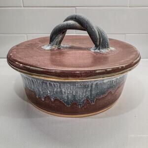 Handmade Studio Pottery Covered Casserole Serving Dish w Blue & Brown Drip Glaze